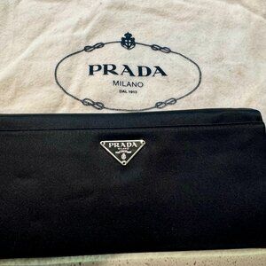 Prada Black Satin Clutch Wallet with Silverplate Mirror
